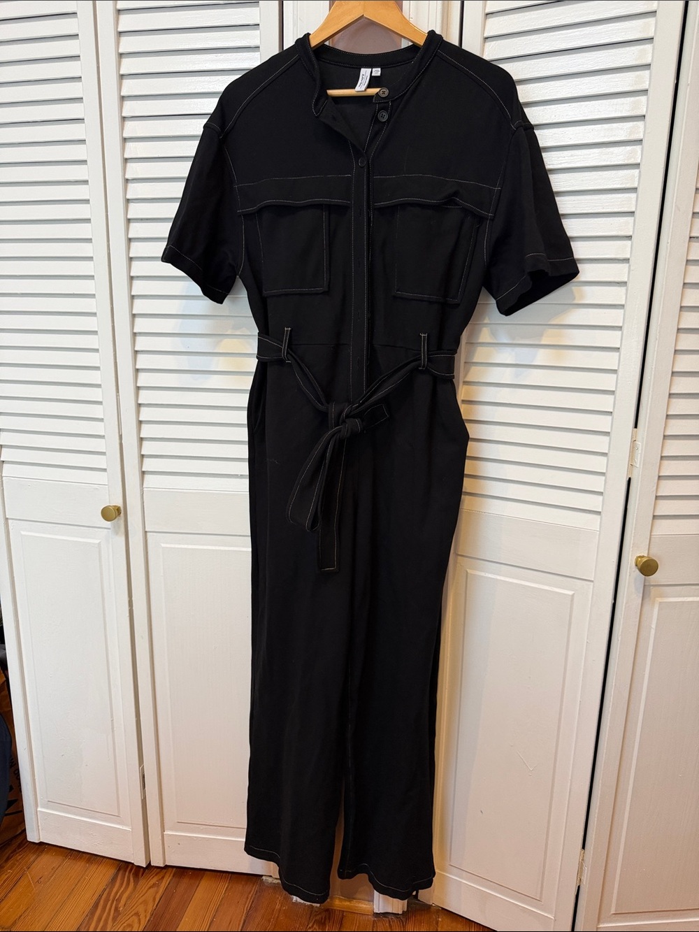 Black Short-Sleeve Utility Jumpsuit with Tie Waist